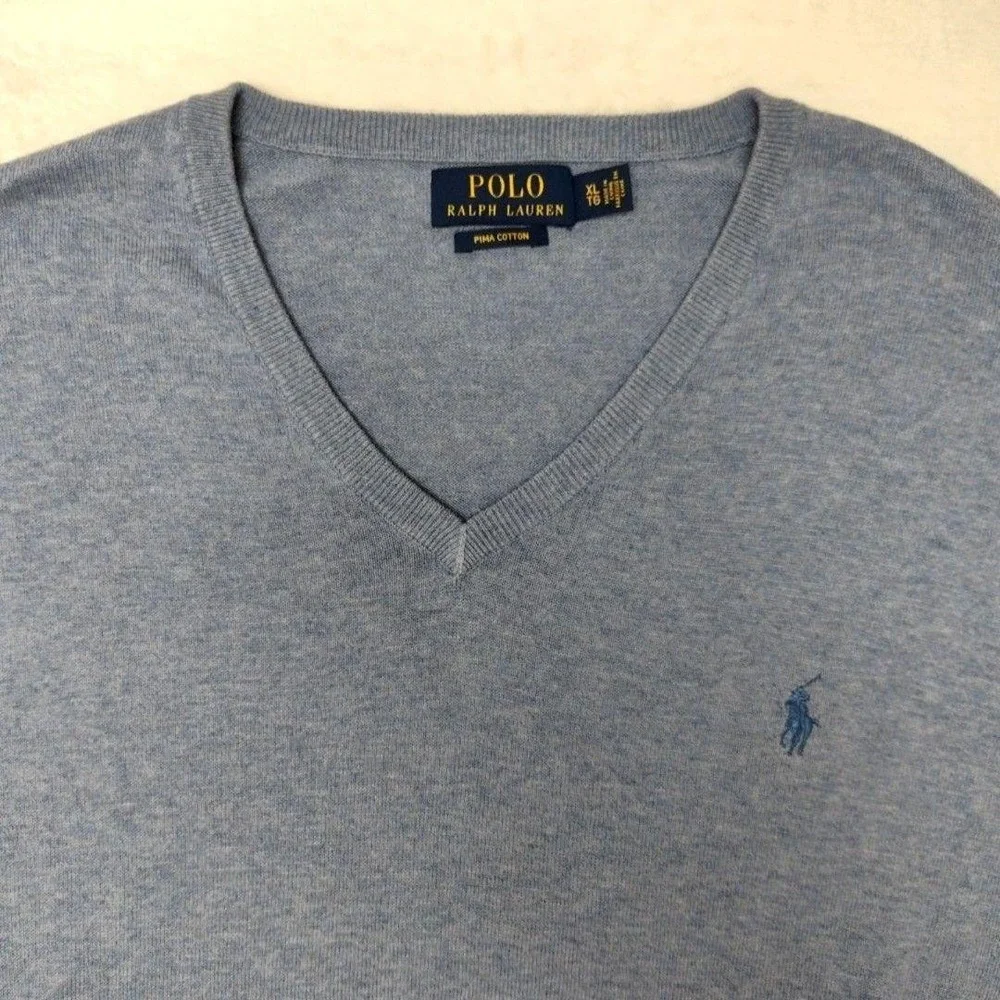 Polo Ralph Lauren Sweater Mens XL Blue V-Neck Pima Cotton Lightweight Pullover